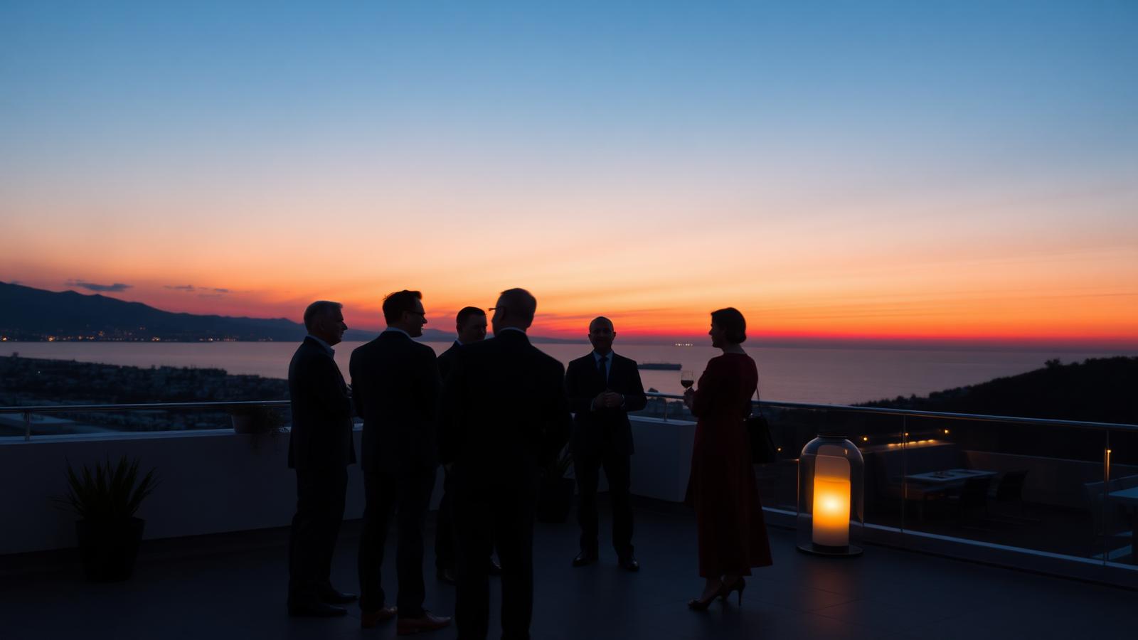 Executives in conversation on a Marbella terrace at sunset