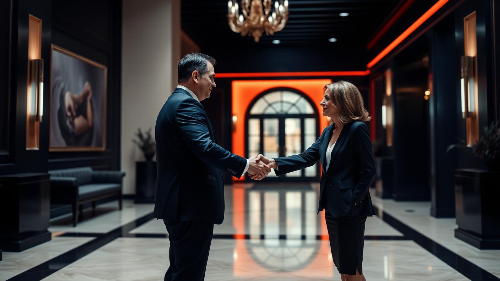 Business leaders in conversation in an elegant lobby
