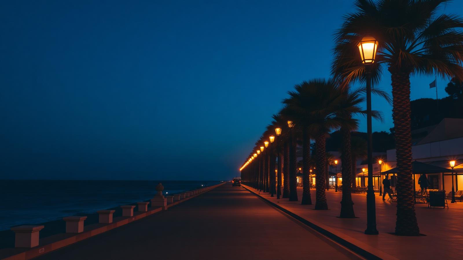 Marbella seafront promenade at blue hour