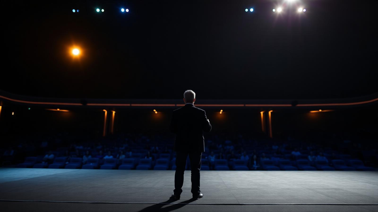 A speaker on stage in front of a full auditorium