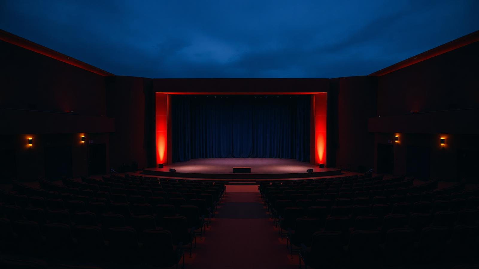 Empty summit stage lit in warm light before the event