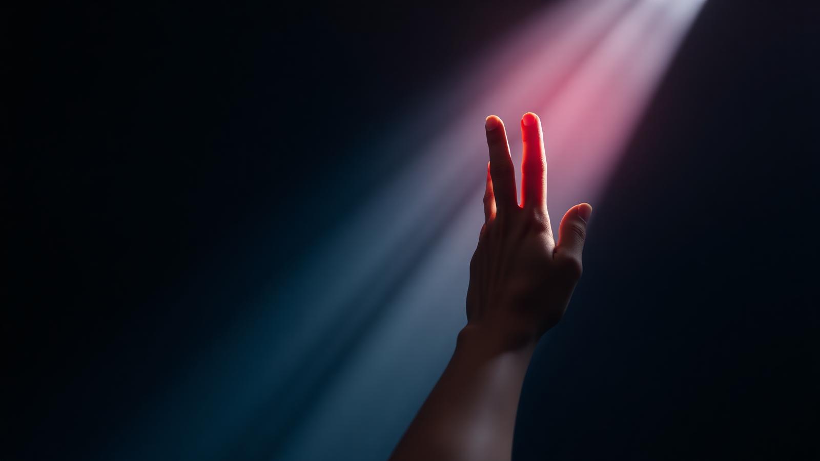 A human hand reaching into a beam of light